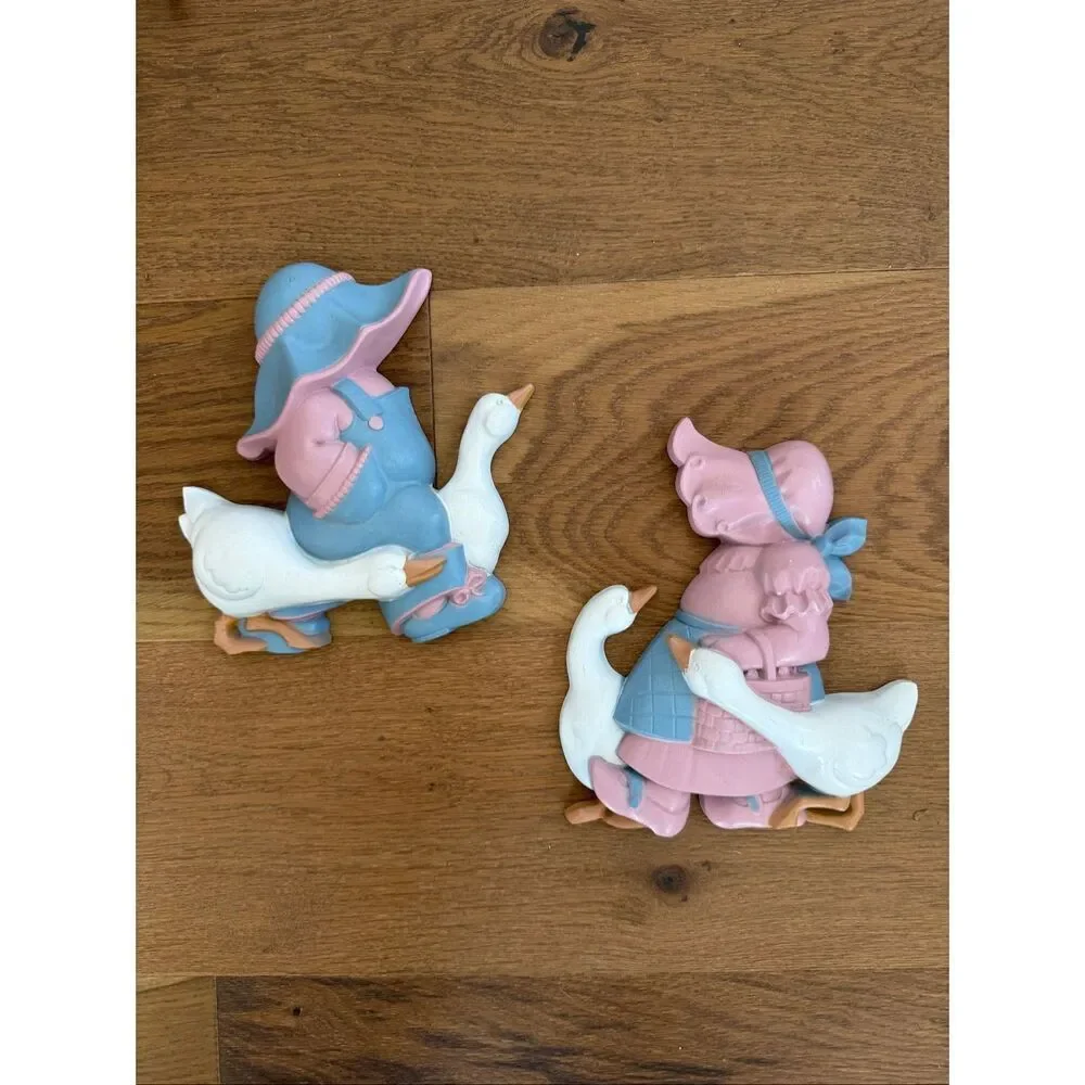 Vintage 80s Burwood Country Cottage Cottagecore Goose Boy Girl Wall Hangings